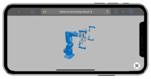 Auf einem horizontal ausgerichteten Smartphone ist ein blauer Roboterarm als 3D-Konfiguration zu sehen.