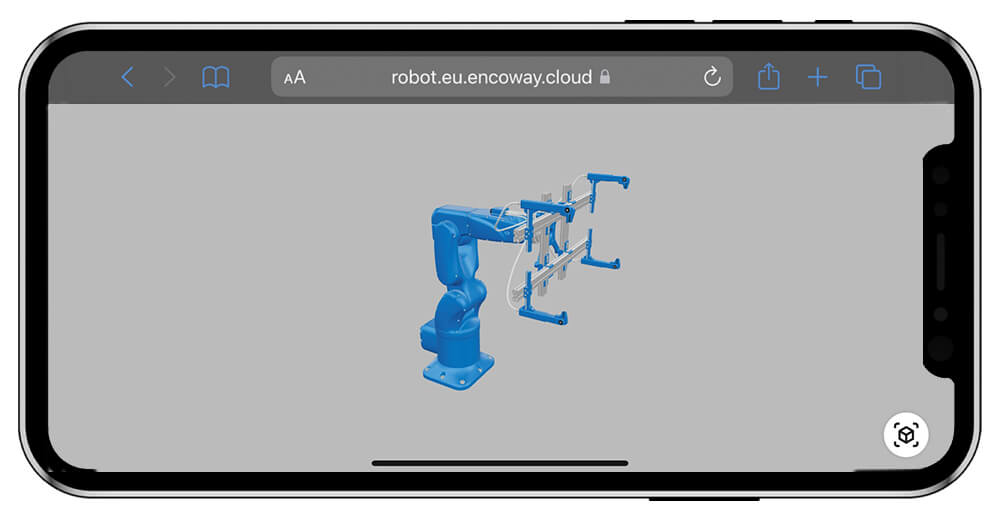 Auf einem horizontal ausgerichteten Smartphone ist ein blauer Roboterarm als 3D-Konfiguration zu sehen.