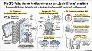 Infografik: Die CPQ-Falle - Warum Konfiguratoren an der "Edelmülltonne" scheitern. Moderner digitaler Vertrieb vs. durch operatives Tagesgeschäft blockiertes Produktmanagement