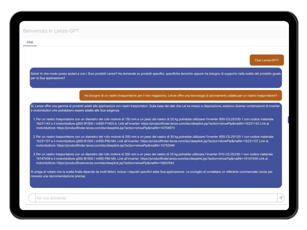 Rappresentazione della cronologia della chat con un sistema ChatGPT collegato a un sistema CPQ
