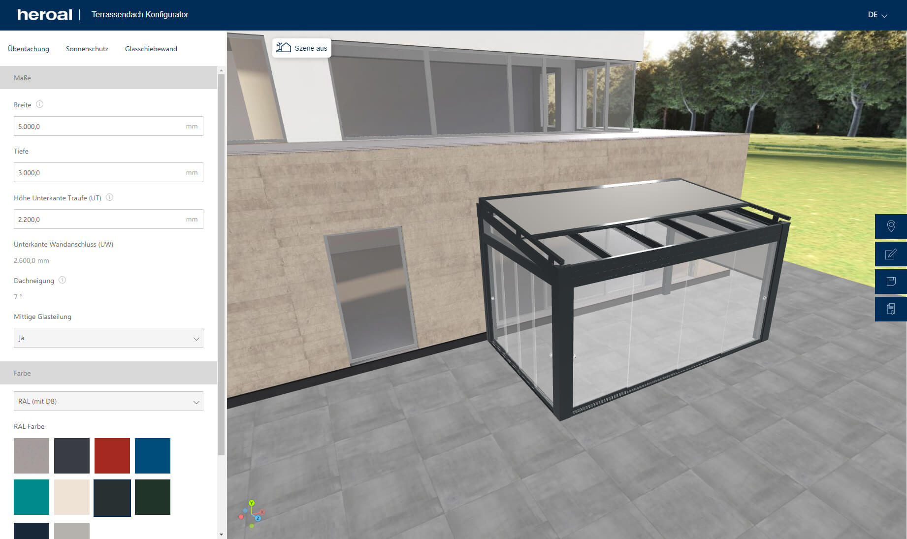 Screenshot of the patio roof product configurator from heroal