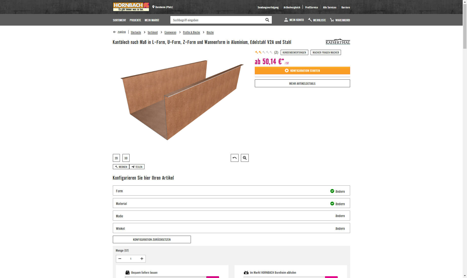 Screenshot of the product configurator for folding plates at Hornbach